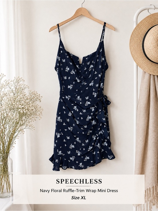Speechless Dresses & Skirts - Speechless Navy Floral Ruffle-Trim Wrap Mini Dress
